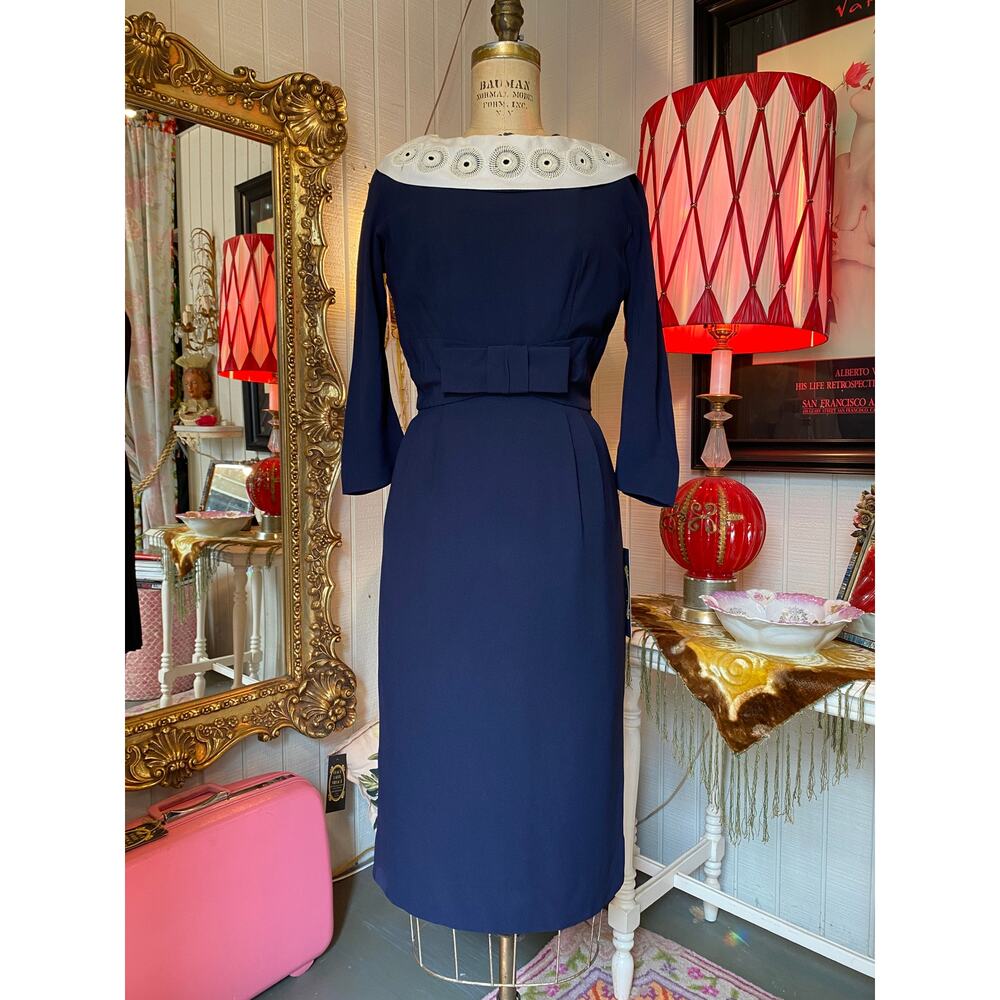 1950s navy blue crepe wiggle dress 50s fashion abe schrader timeless pin up s 26